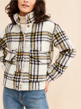 Bagatelle Plaid Button-Front Jacket in Cream and Mustard